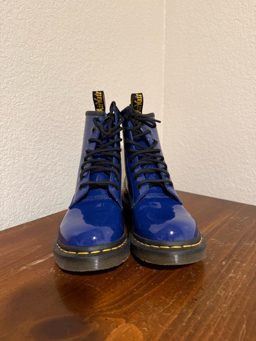 Dr. Martens Patent Leather Lace-Up Boots in Blue with Yellow Stitching - Picture 2 of 6